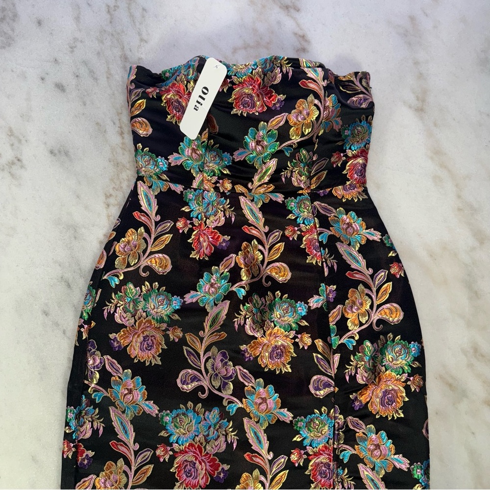 Olia Strapless Black Floral Brocade Corset Midi Dress Womens Small New NWT - Picture 2 of 8